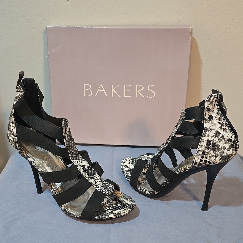 Black Metallic Strappy Stiletto Heels with Animal Print